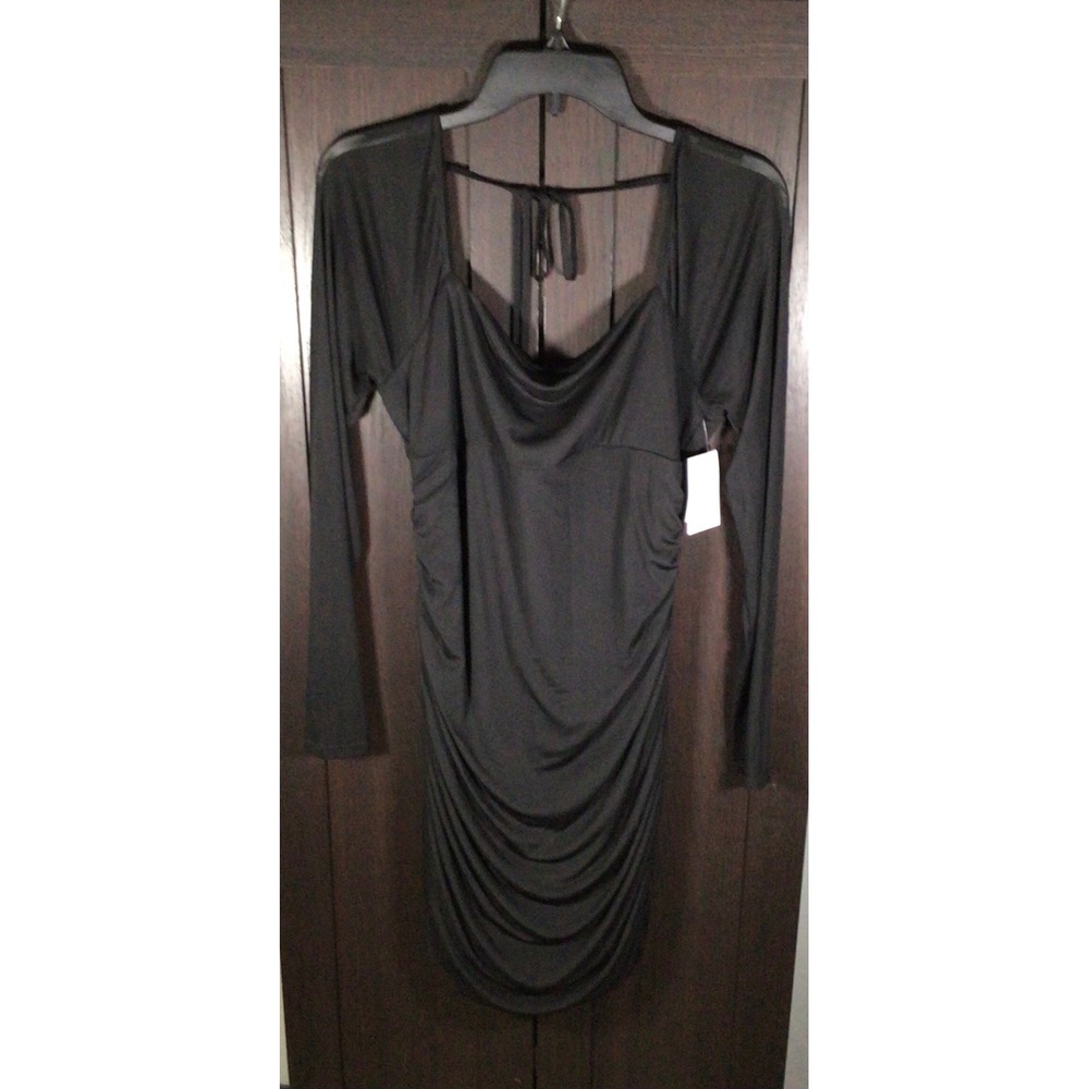 Abound Nordstrom Black Ruched Bodycon Mini Dress Sheer Back XL Long Sleeve Cowl